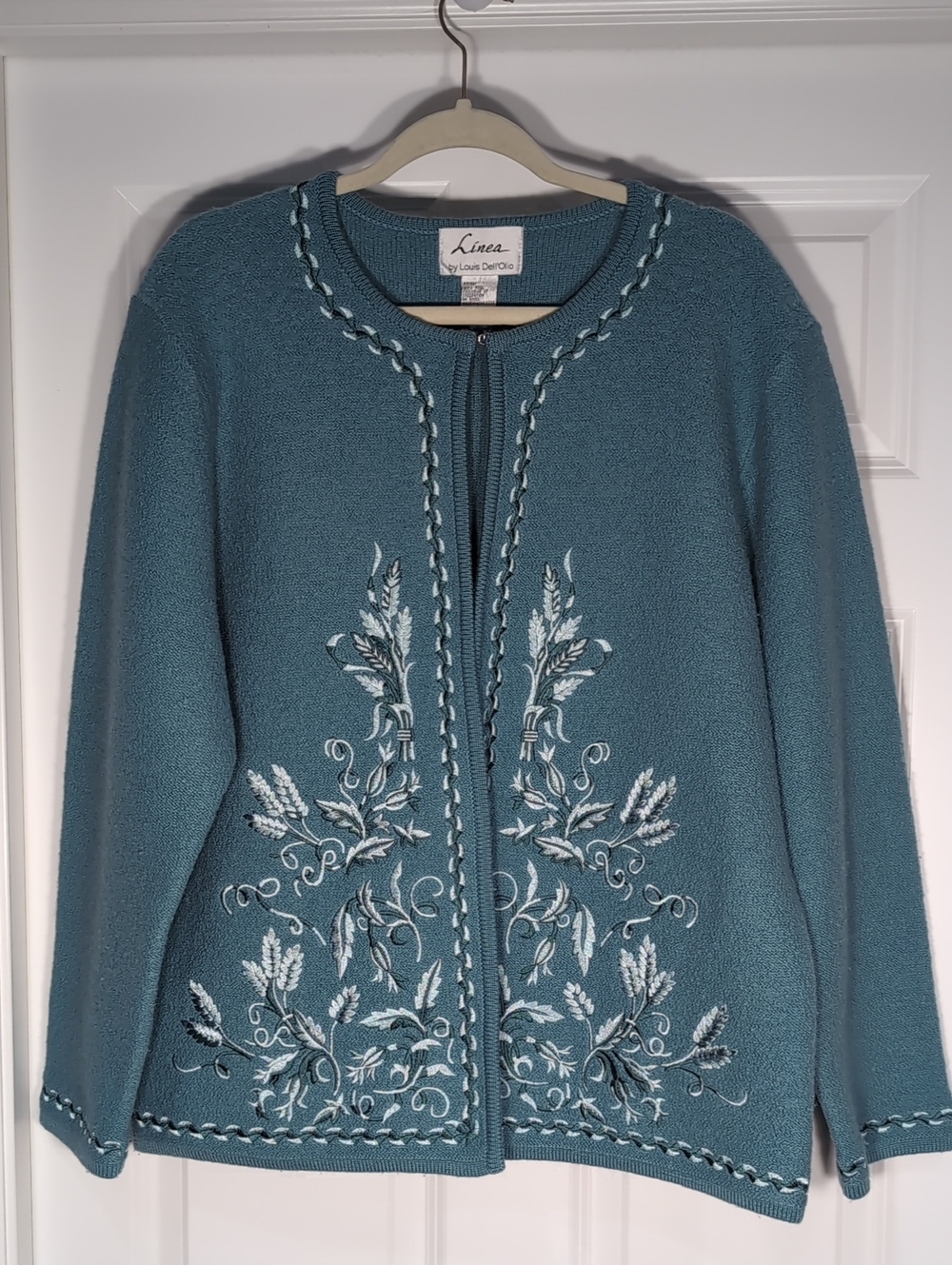 Linea by Louis Dell'Olio Teal Embroidered  Cardigan Large 100% Wool Floral VTG